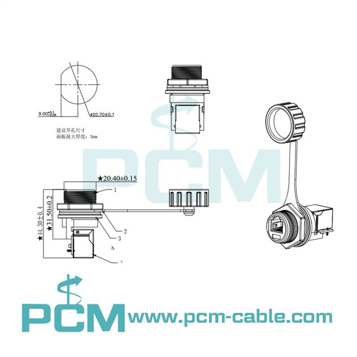 Drawing dimensions of Cat3 RJ11 RJ12 Waterproof Connector  6P6C Panel Mount Inline Coupler